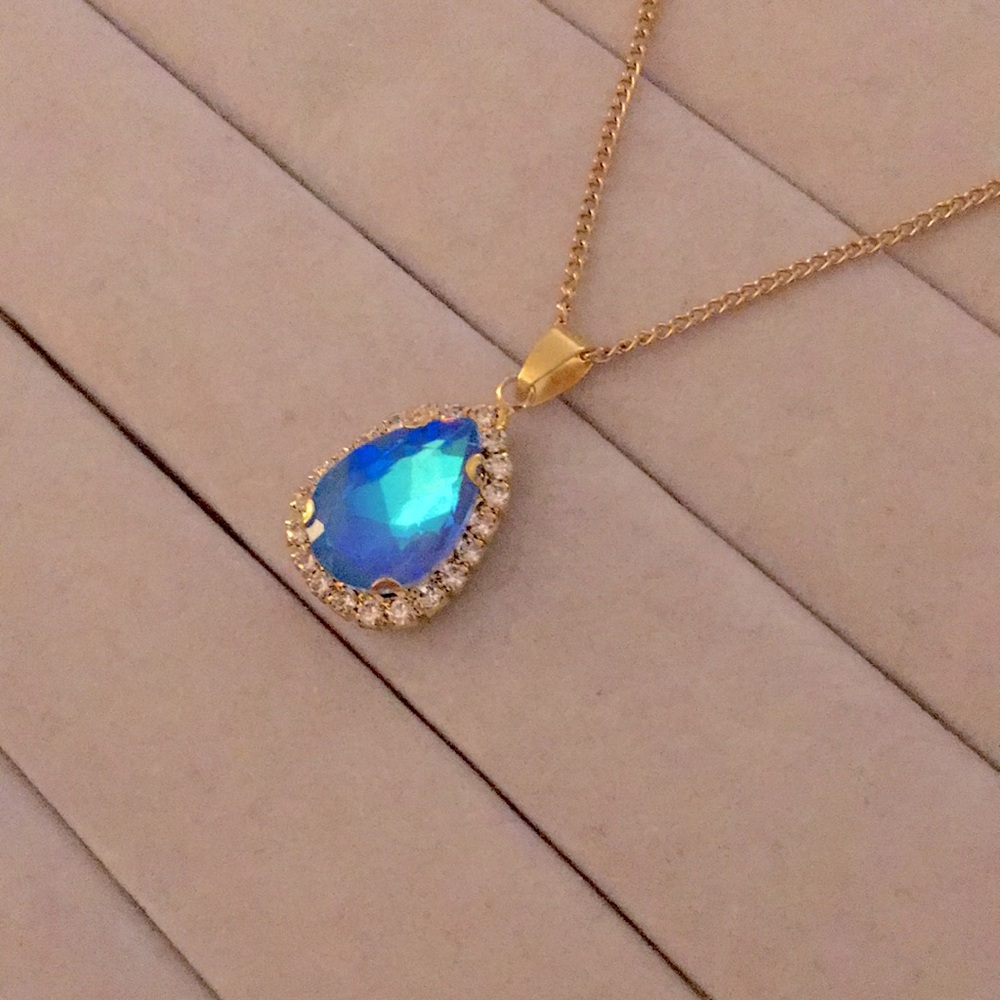 Sapphire Aurora Borealis + Gold Crystal Halo Drop Pendant Necklace - Picture 2 of 7